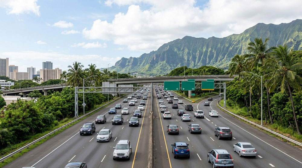 High-angle view of multiple lanes of traffic on a busy Hawaii interstate freeway with overpasses, green overhead directional signs, palm trees, and mountain ridges in the background.