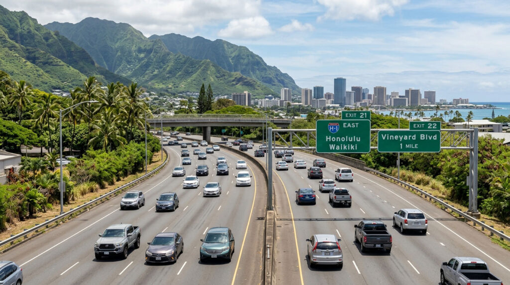 Daytime elevated view of traffic flowing on the H-1 Freeway past green overhead signs for Exit 21 Honolulu Waikiki and Exit 22 Vineyard Blvd, with downtown high-rises and mountains in the background.