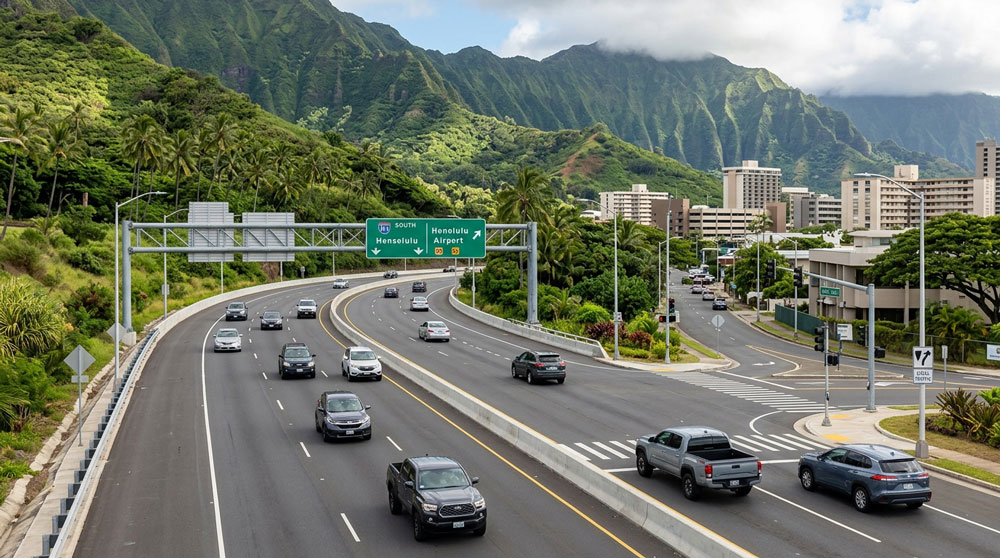 Overhead view of vehicles driving along a multi-lane highway curving past green overhead signs for Honolulu and Honolulu Airport, backed by steep mountain ridges and city buildings.