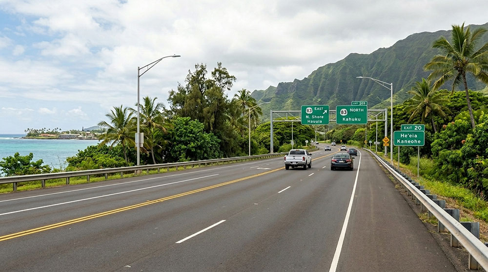 Vehicles driving along Highway 83 in Hawaii toward overhead green directional road signs for North Shore, Hauula, Kahuku, and Kaneohe, framed by the ocean and green mountains.