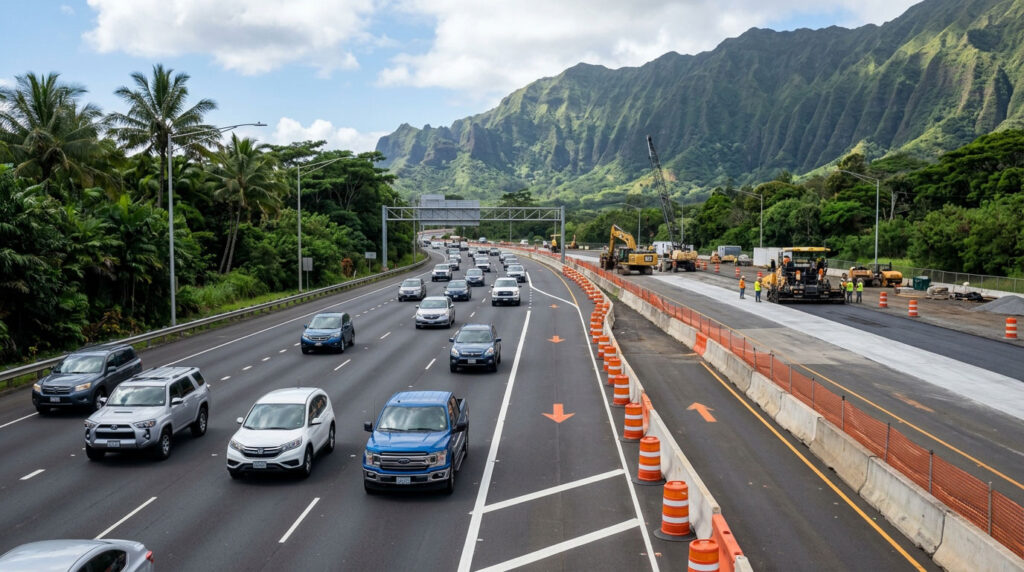 Vehicles driving through an active highway road construction zone with safety cones, paving equipment, and construction workers against a backdrop of lush green mountains in Hawaii.