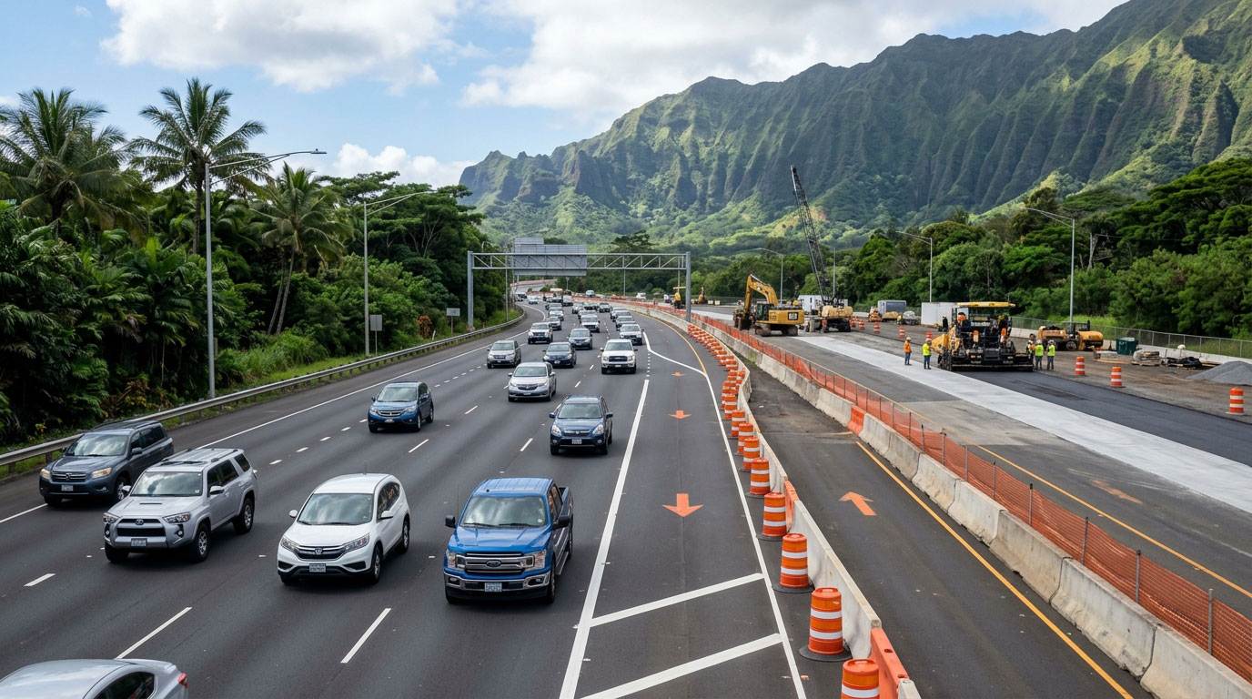 Vehicles driving through an active highway road construction zone with safety cones, paving equipment, and construction workers against a backdrop of lush green mountains in Hawaii.