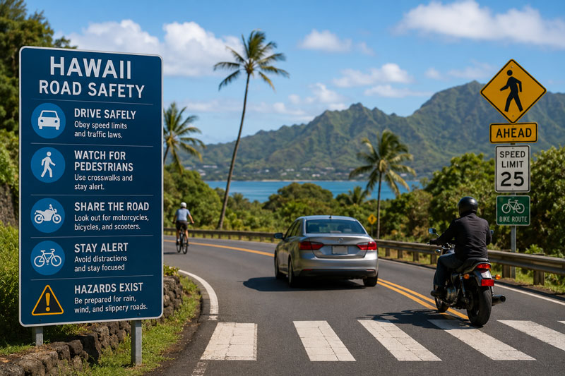 A large blue Hawaii Road Safety sign on a coastal road with a motorcycle, car, and cyclist near a crosswalk under palm trees and mountains.