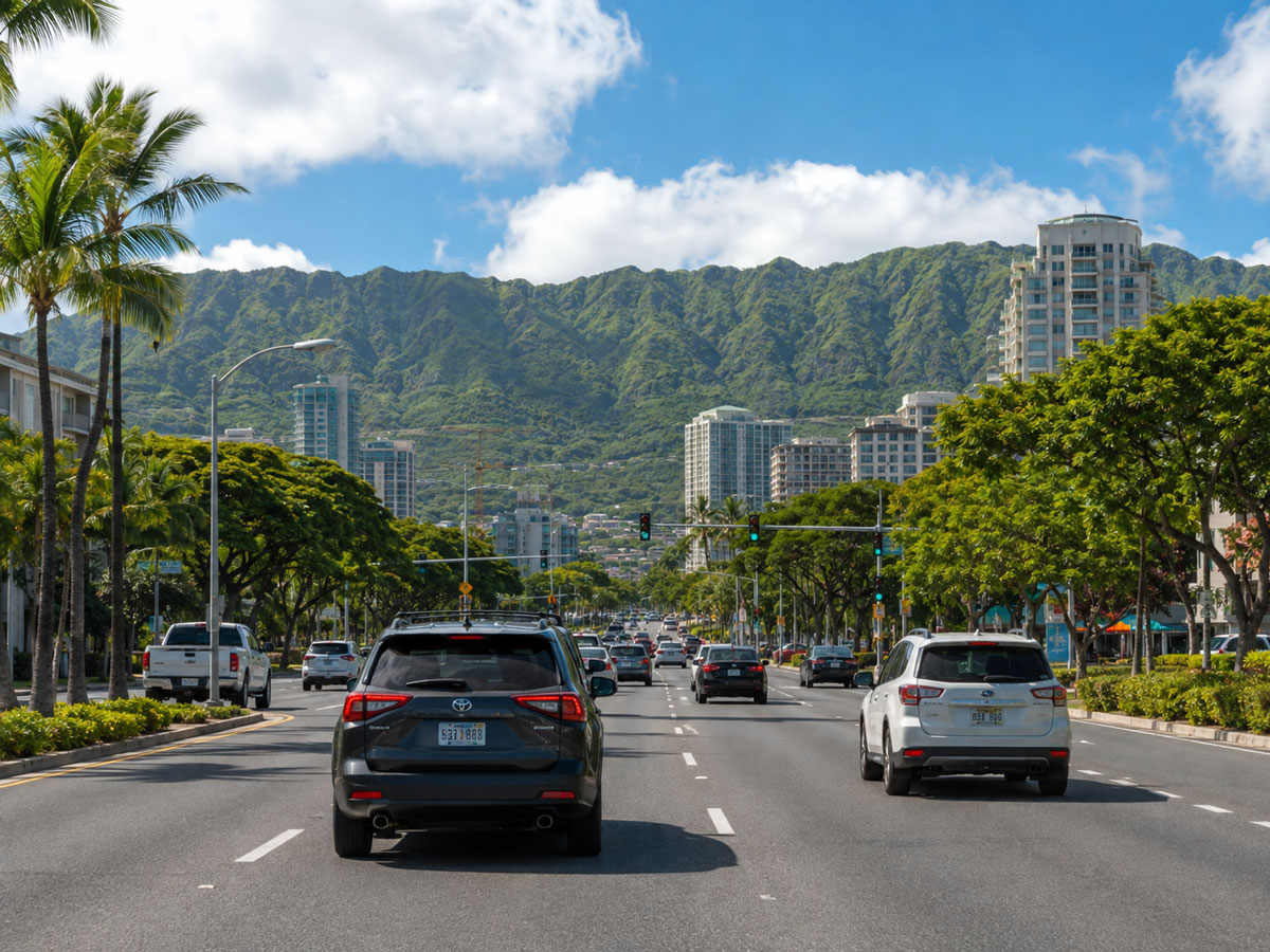 Traffic driving down a wide, tree-lined city avenue towards tall high-rise buildings and steep green mountains under a blue sky.