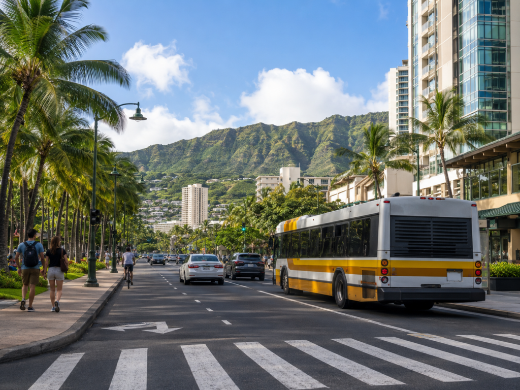 A city bus driving past a crosswalk on a palm-lined street with pedestrians walking on the sidewalk and green mountains in the background.