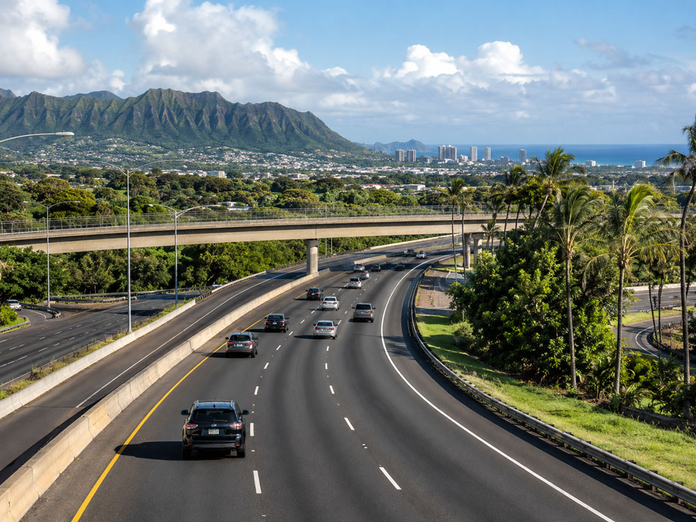 A wide curved highway with light vehicle traffic, featuring an overpass bridge, palm trees, mountain ranges, and a distant coastal skyline.