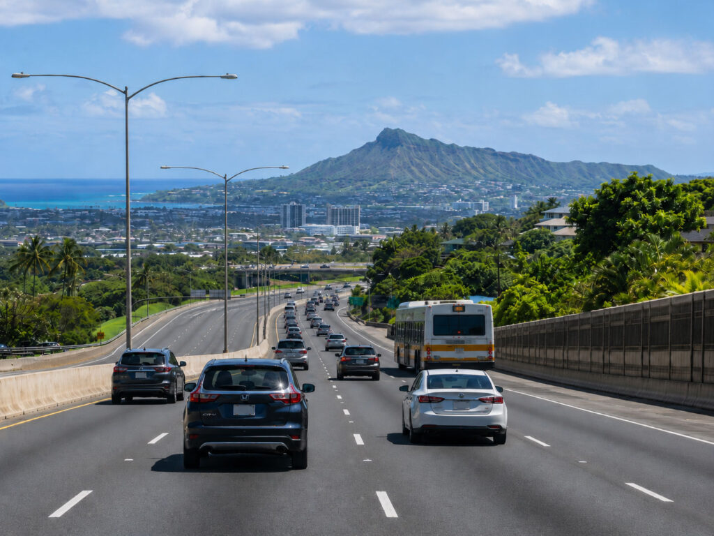 Vehicles driving on a multi-lane highway leading toward Diamond Head crater and ocean views in the background under a blue sky.