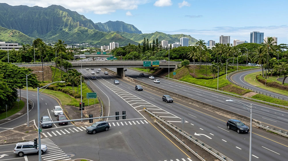High-angle panoramic view of a complex highway interchange with overpasses, curved on-ramps, traffic, and high-rise buildings framed by green mountains.