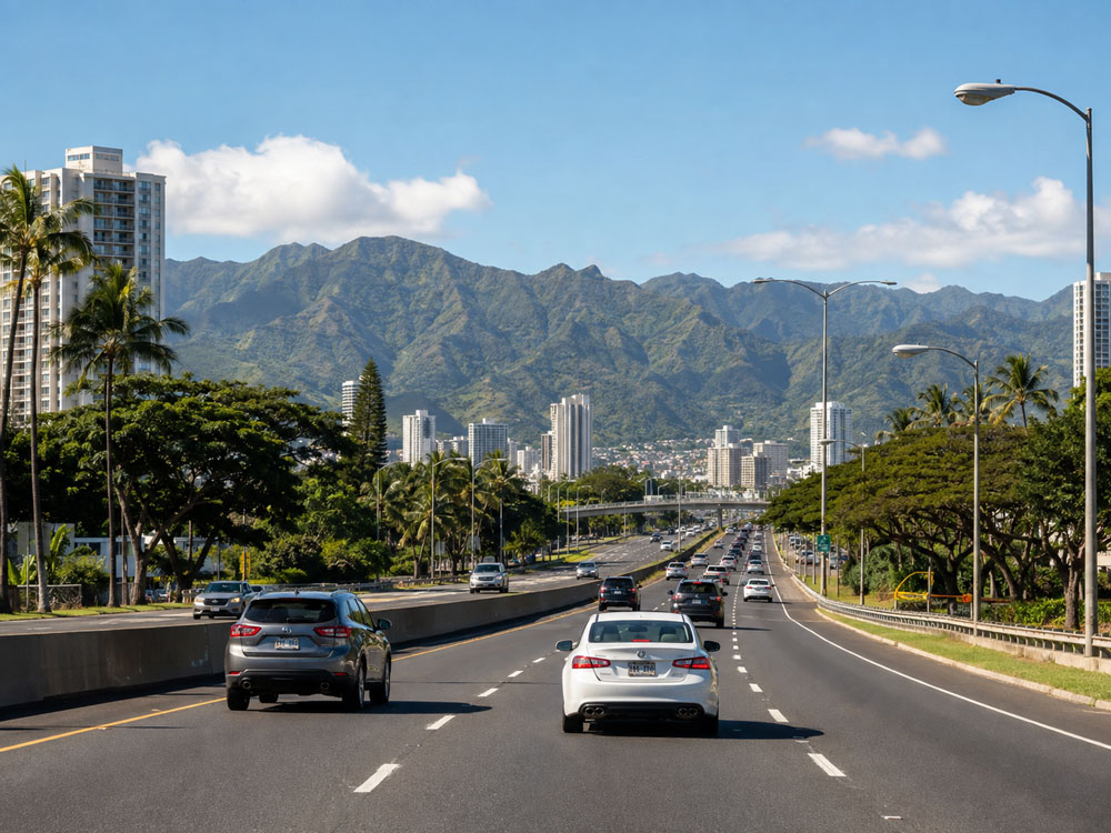 Cars driving on a multi-lane highway toward distant high-rise buildings set against a backdrop of steep green mountain peaks.