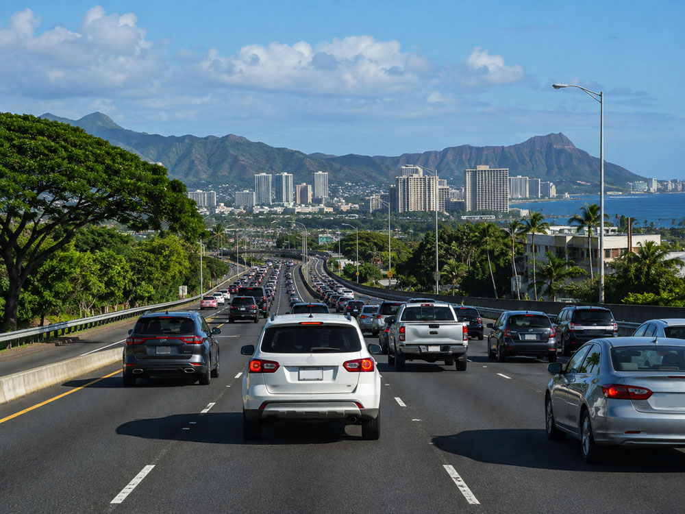 Heavy traffic on a multi-lane highway heading toward high-rise buildings and Diamond Head crater under a blue sky.