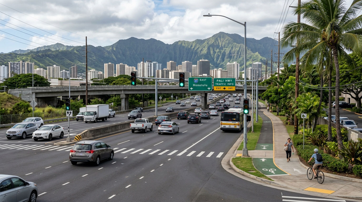Multi-lane boulevard leading toward an overhead freeway overpass with directional signs for H-1 East Honolulu and Pali Highway, framed by city high-rises and mountains.