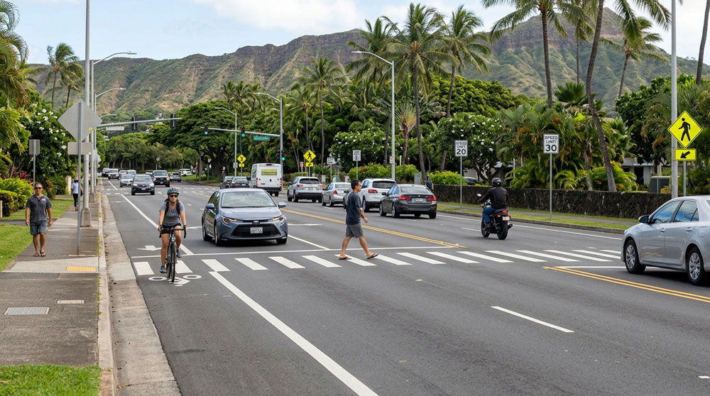 A cyclist riding in a marked bike lane, a pedestrian on a crosswalk, and vehicles driving along a Honolulu street with Diamond Head crater in the background.