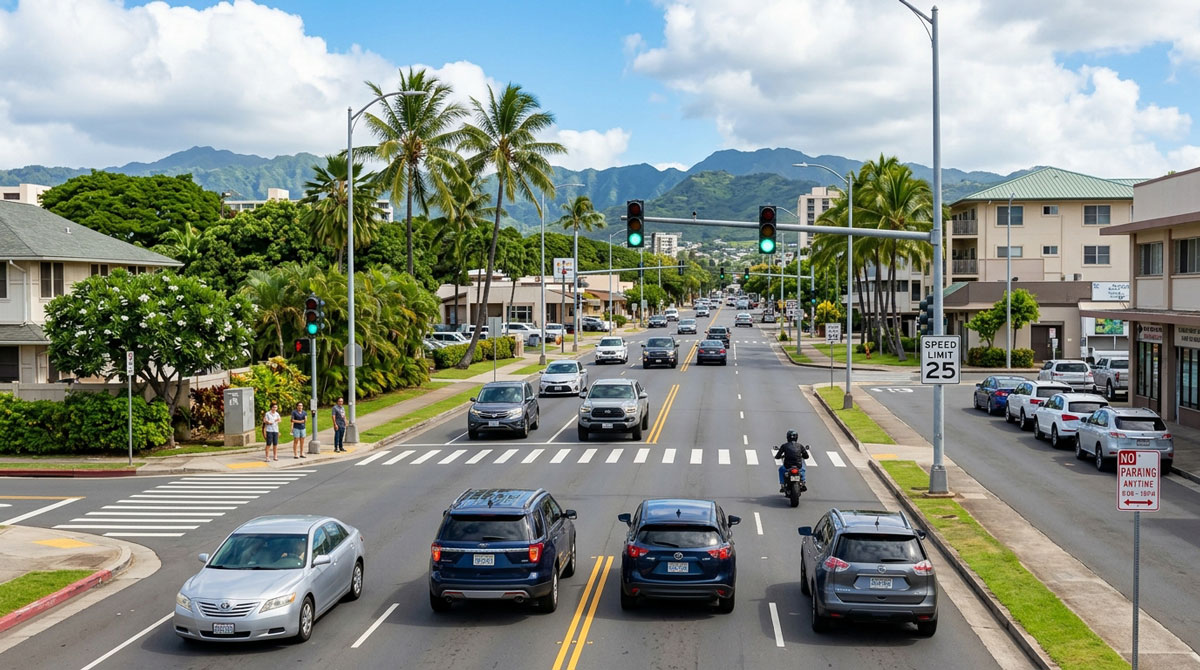 Traffic flowing through a wide city intersection with pedestrian crosswalks, green traffic lights, palm trees, and mountain peaks under a partly cloudy sky.
