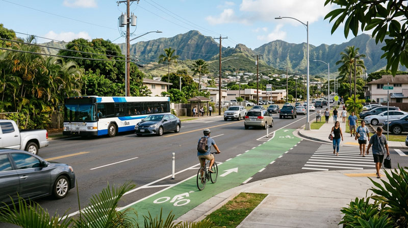 A cyclist riding on a green painted bike lane, pedestrians crossing the street, and a public transit bus driving on a Honolulu road with mountains in the background.