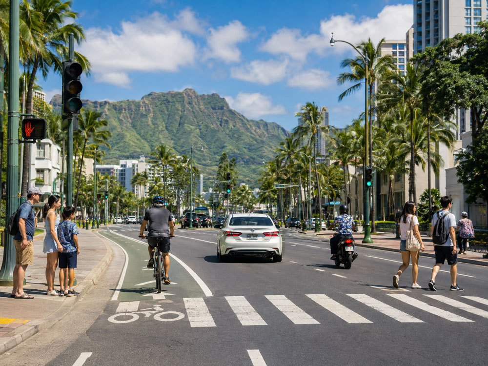 Pedestrians standing at a crosswalk and a cyclist riding in a bike lane on a palm-lined city street with Diamond Head crater in the background.