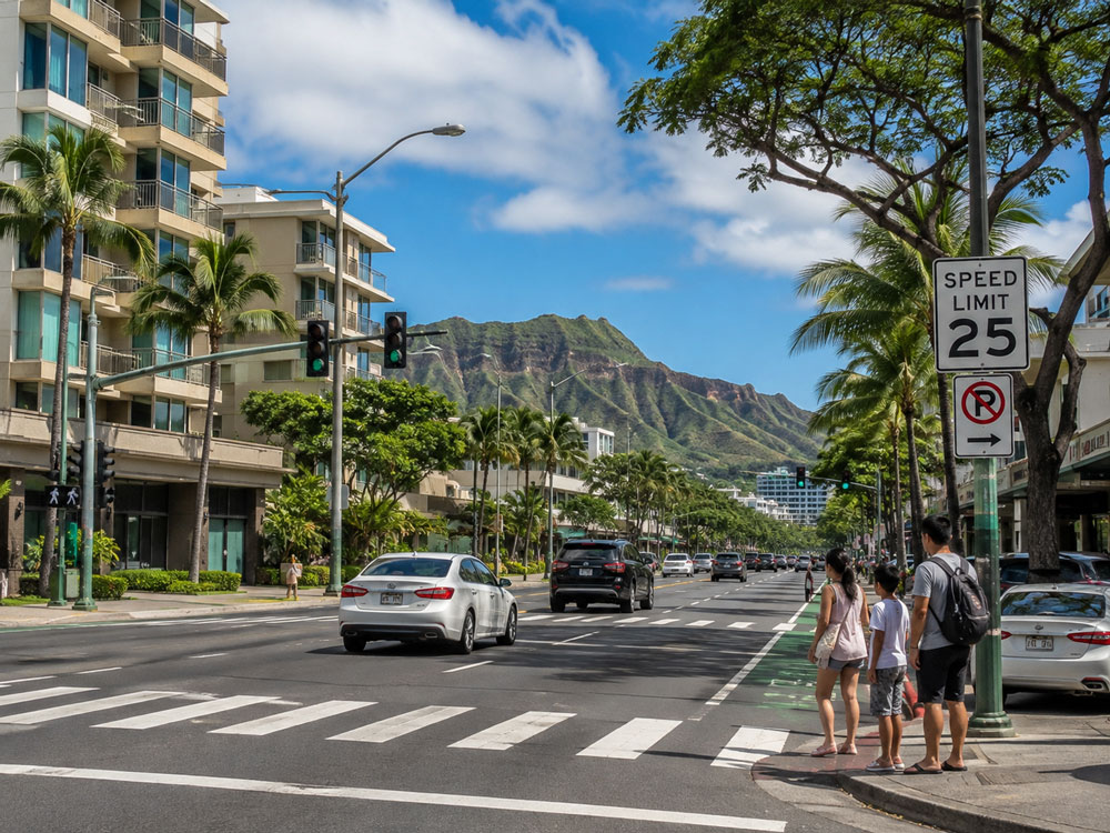 Pedestrians waiting at a crosswalk on a palm-lined city street with traffic, street signs, and Diamond Head crater visible in the background.