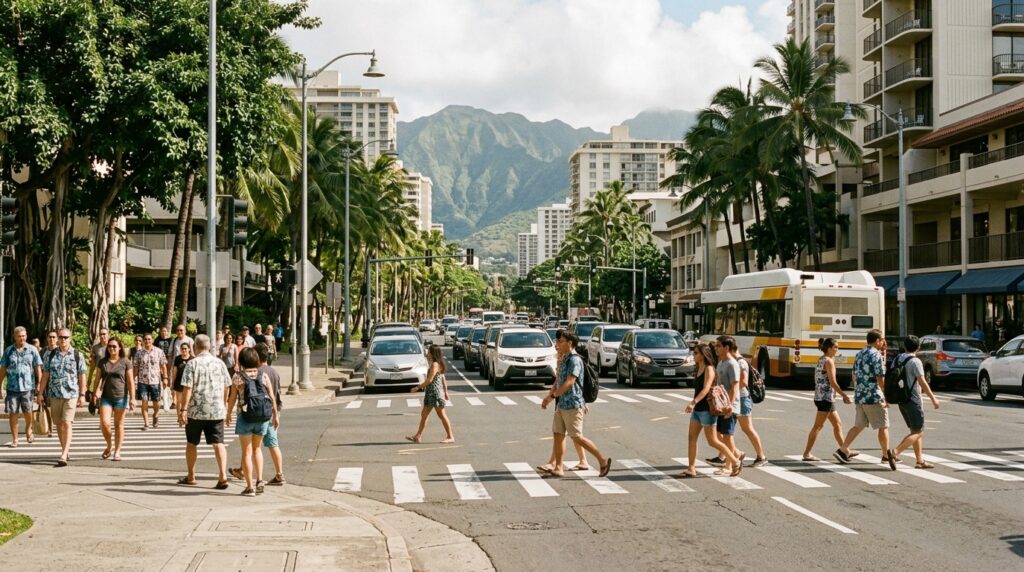 Honolulu pedestrian safety in 2026 showing people crossing a busy Oahu street safely
