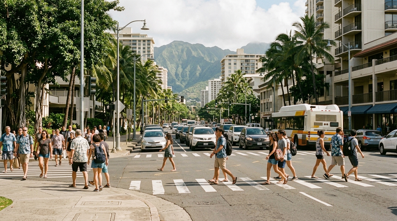 Honolulu pedestrian safety in 2026 showing people crossing a busy Oahu street safely
