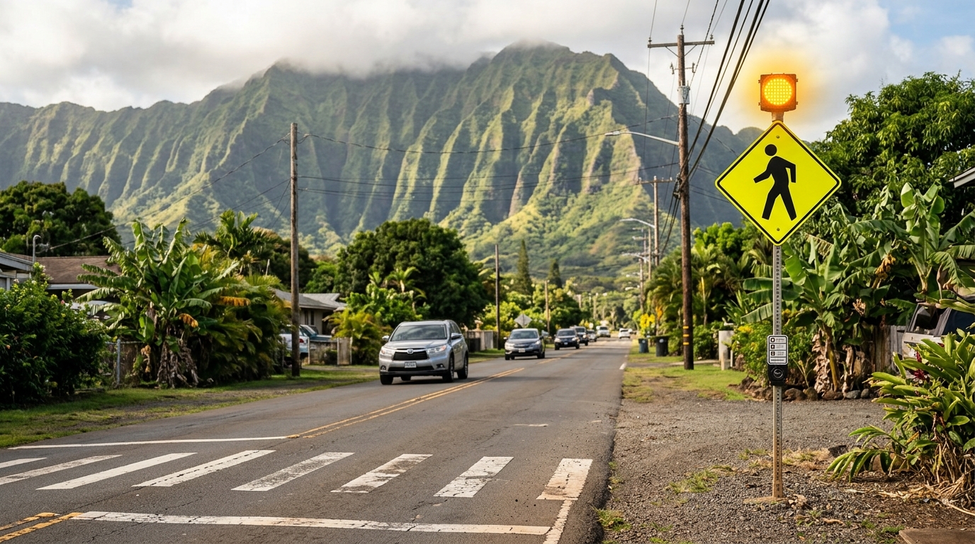 Pedestrian crossing sign and flashing warning beacon supporting safer Honolulu crosswalks